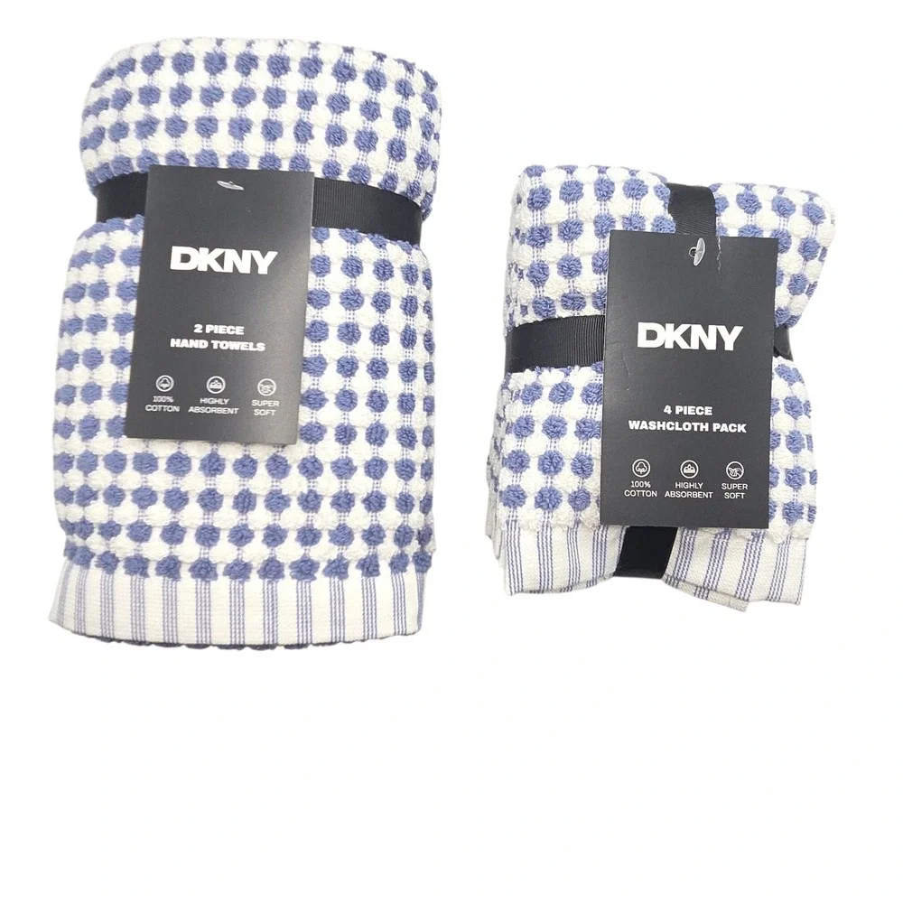 DKNY 8pc Cotton Towel Set 2 Bath 4 Wash 2 Hand  Blue And White Monet Tile Magnet